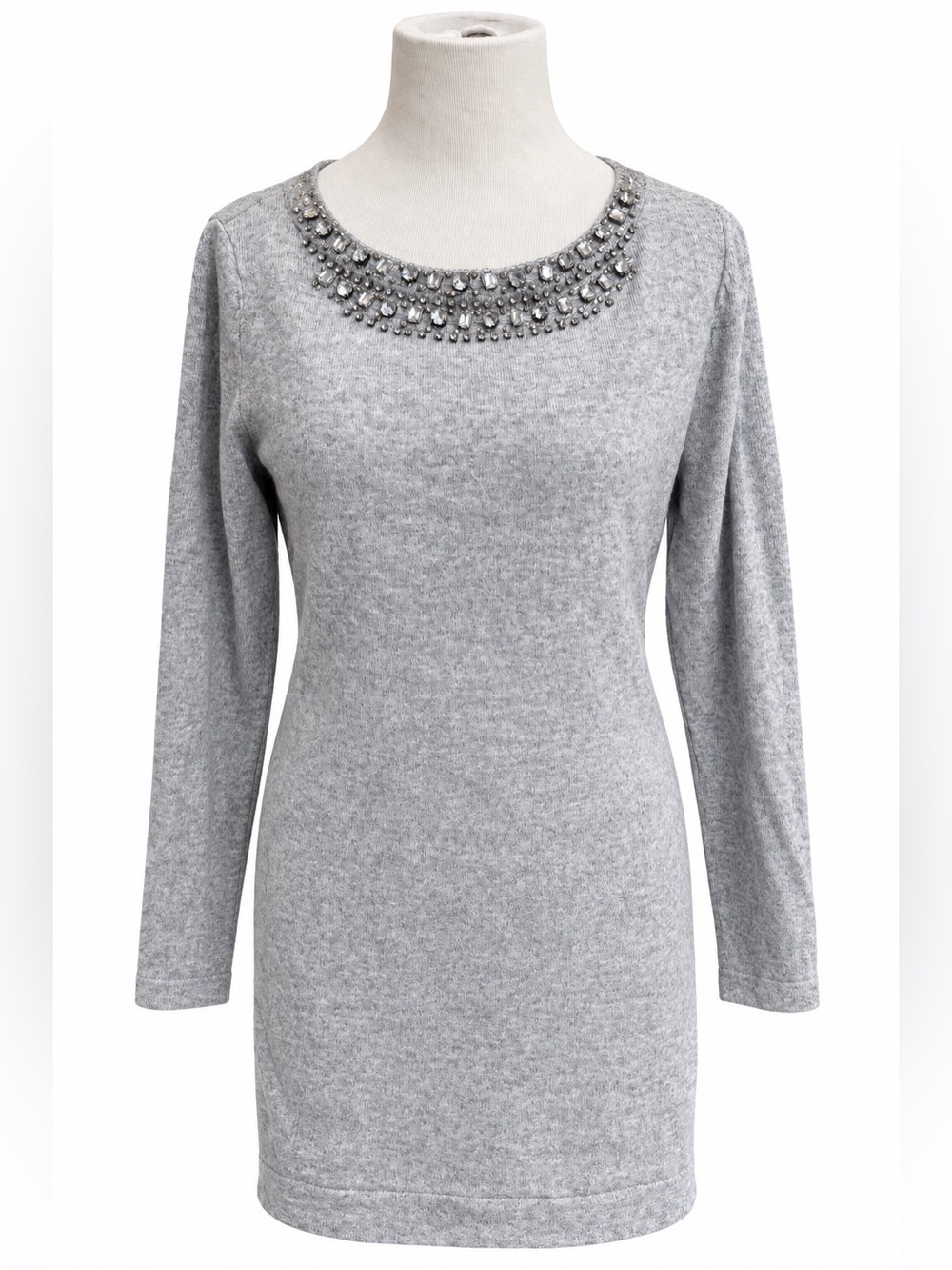 INC International Concepts Gray Jeweled Crewneck Long Sleeve Dress